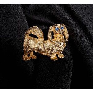 Vintage Gold-Tone Pekingese Dog Brooch With Blue Rhinestone Eyes
